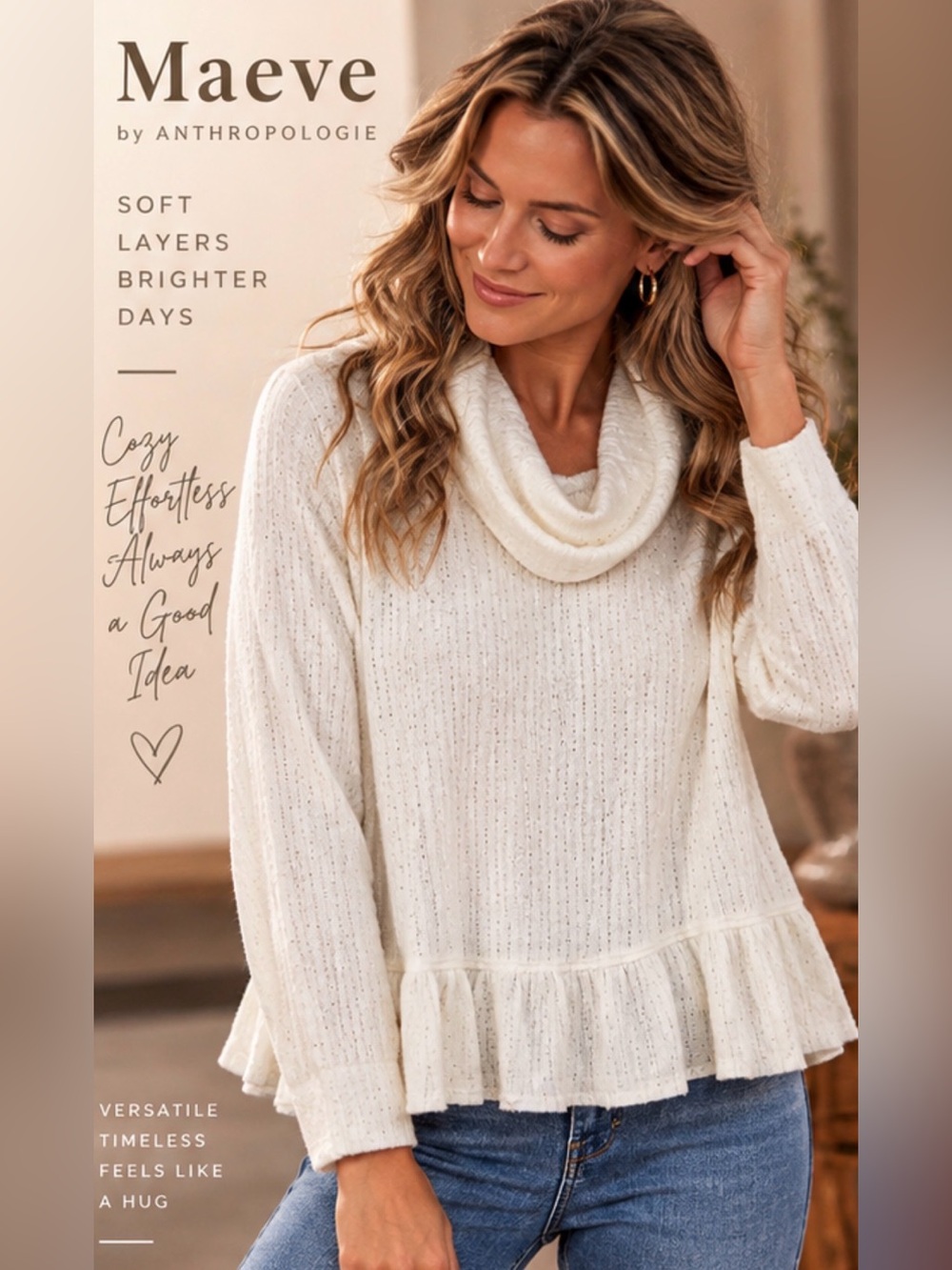 Maeve Anthropologie Addie Cowl Neck Ruffle Sweater Ivory Size M NWT